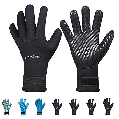 OMGear Neoprene Gloves Diving Wetsuit Gloves 3mm 5mm Glued Anti-Slip Flexible Thermal with Adjustable Waist Strap for Snorkeling Scuba Diving Surfing Kayaking Rafting Spearfishing Sailing (Black, L)