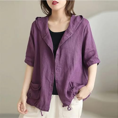 Women's Cotton Linen Jacket – Spring Summer Hooded Short Coat Plus Size Loose Fit Lightweight Cardigan4