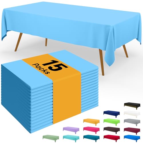 Image of Smiry Disposable Table Cloth - 15 Pack, 54 x 108 Inch Waterproof Rectangle Tablecloths for Parties, Decorative Plastic Table Cover, Leakproof & Sturdy, Light Blue