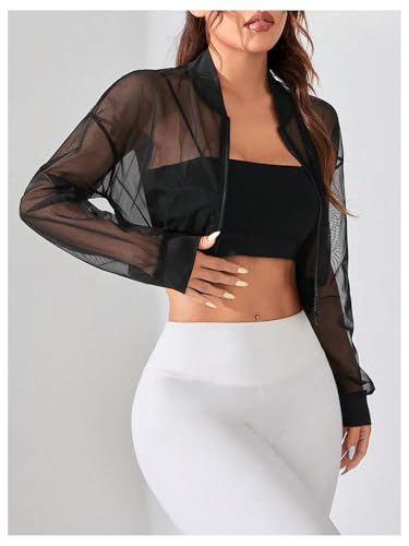 Verdusa Women's Mesh Sheer Crop Athletic Jackets Lightweight Long Sleeve Zip Up Jacket Outwear3