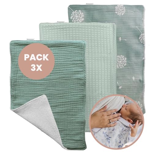 MIMUSELINA - Pack 3 Paños Bebe de Lactancia - Doble Capa: Pañito de Tela de Algodón de Rizo 100% para Seca Babas y Suave Muselina Bebe Algodon - 3 Muselinas Pequeñas 21x30 cm (Breeze)