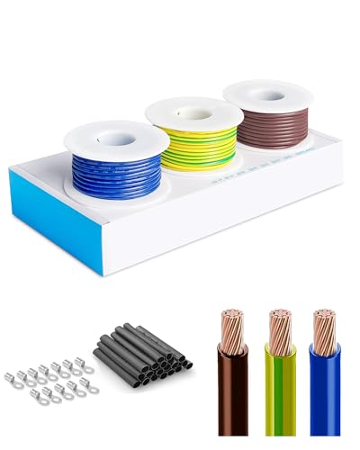 HuLuWa H07V-K 2,5 mm² Cavo Elettrico Unipolare Flessibile, 5 m x3 Colori (Blu, Marrone, Giallo-Verde), con 12 Capicorda ad Anello e Guaina Termorestringente