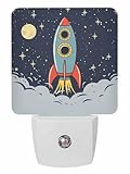 T&H XHome Plug-in LED Night Light Lamp Sensor-Outer Space Space Exploration Rocket Spaceship Printed,Automatic Dimmable Dusk-to-Dawn Square Shaped Smart Night Lights for Nursery/Bathroom/Bedroom