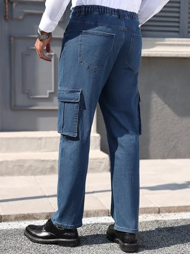 EDITCOZY Men's Cargo Jeans Elastic Waist 6 Pockets Loose Fit Carpenter Jeans Straight Leg Relaxed Fit Pants2