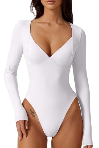 Image of QINSEN Women's Long Sleeve Bodysuit V Neck Body Suits Seamed Cup Going Out Tops Shirt