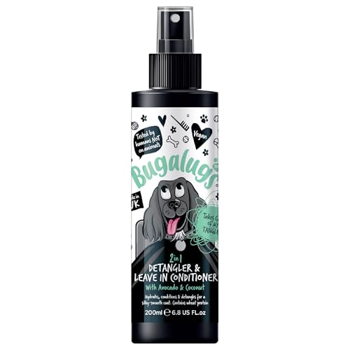 Bugalugs Dog Detangler Spray - Tangle Tame leave In conditioner spray for de matting. No tangles. Professional dog grooming formula contains Wheat protein. Pet detangling spray knot removal (200ml)