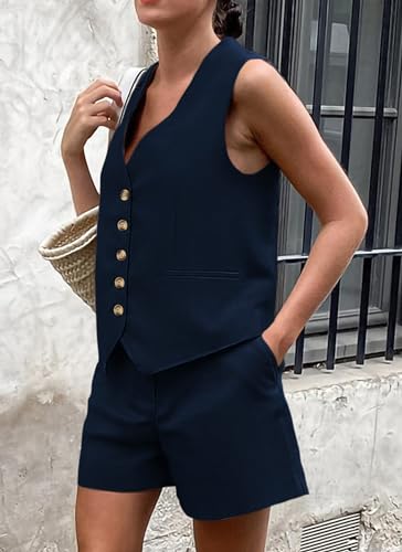 Image of PRETTYGARDEN Women's Summer 2 Piece Outfits Sleeveless Matching Sets Button Down V Neck Vest Waistcoat and Pockets Shorts