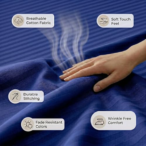 Image of Mafatlal Italian Strip King Size Bed Sheet with 2 Pillow Covers Cotton | 210 TC Pure Cotton Flat Bedsheet Dark Blue | 108 x 108 Inches | Soft & Durable
