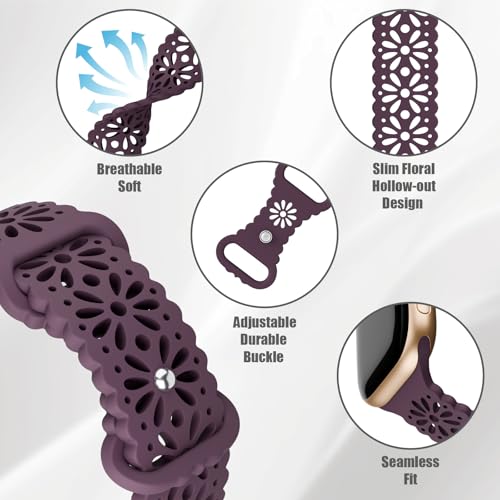 Image of 4 Pack Slim Lace Silicone Bands Compatible for Apple Watch 38mm 40mm 41mm 42mm 44mm 45mm 46mm 49mm, Thin Hollow-out Floral Breathable Strap for iWatch Series 11 /10 /9 /8 /7 /6 /5 /4 /3 /2 /1Ultra SE Women Men