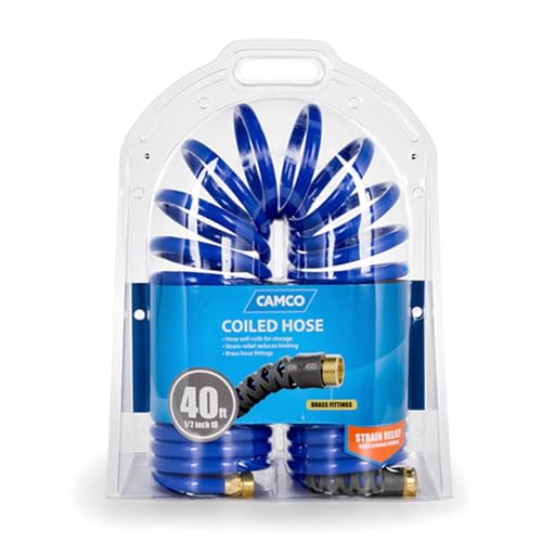Camco Self-Coiling Water Hose with Brass Fittings, 40 Ft, 0.5 In ID, 41985