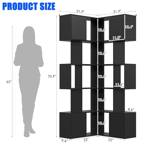 Image of kepptory 5 Tier Corner Bookshelf, 71 inch Storage Bookcase, L-Shaped Cube Bookshelf, Modern Display Shelf Standing Unit, Wood Metal Living Room /Home Office /Bedroom Display Unit, Black
