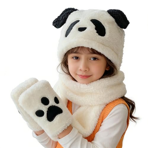 Image of Kids Winter Hat Gloves Scarf Set,Cute Panda Hat with Movable Ears Thick Warm Hood Cap for Girls Boys 4-10 Years Old