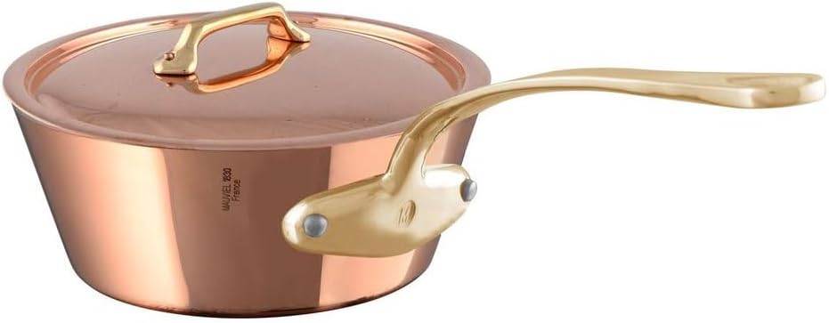 Mauviel M'Heritage M'250 B Copper Splayed Saute Pan With Lid, Brass Handle, 3.6-Qt