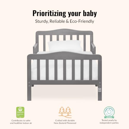 Image of Dream On Me Classic Design Toddler Bed, GREENGUARD Gold, Steel Grey | Slatterd Curved Design, Low to Floor Bed, 2 Safety Guard Rails, Sturdy Wooden Frame, 50 Lb Limit, BSA Verified