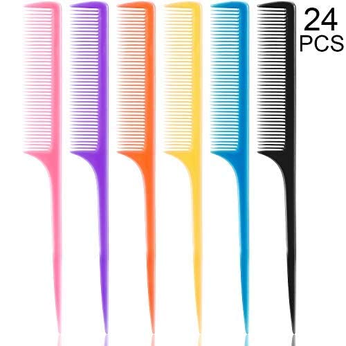24 Pieces Plastic Rat Tail Combs Pin Tail Comb Teasing Comb Carbon Comb 8.5 Inch Styling Combs with Thin and Long Handle, Assorted Colors