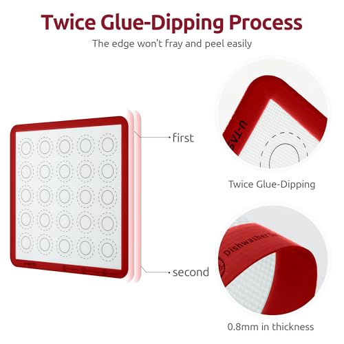 Image of 446ºF Heat Resistant Macaron Mat: U-Taste 11x11in Non Stick Silicone Baking Mat, Reusable Cookies Pastry Sheet Liner with Edge Enhancement & Circle Measurement for Square Cake Pan (2 PCS, Red)