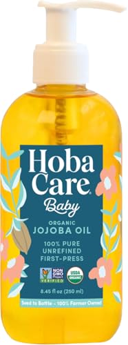 HobaCare Organic Jojoba Baby Oil with Pump Dispenser – 100% Pure Natural Unrefined Unscented Hexane Free Cold Pressed Jojoba Oil for Baby Hair,...