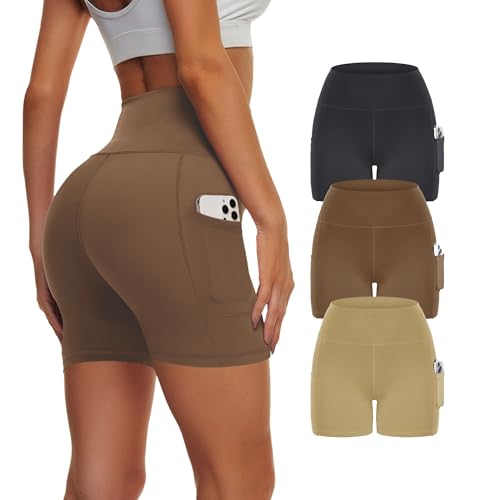 3 Pack Biker Yoga Shorts with Pockets for Women, High Waist Tummy Control Workout Running Gym