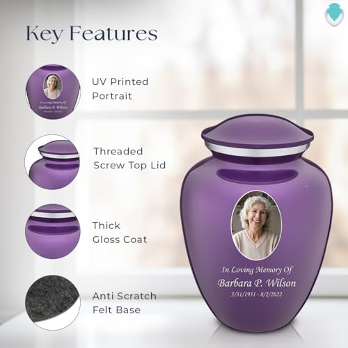 Image of Geturns - Adult Cremation Urns for Human Ashes I Large Purple Photo Funeral Urn for Female and Male I 200 lbs