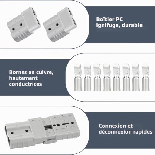 4 Pièces Anderson Batterie Connecteur 50A 600V, Batterie Connexion Rapide Prise avec 8 Terminaux en Cuivre Argenté, Connecteur Modulaire pour Batterie Lithium, Alimentation Électrique, Voiture, Moto – vue 3