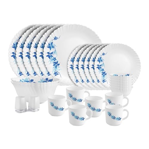 Cello Dazzle Series Blue Swirl Opalware Dinner Set | 28Pcs | White | Microwave & Dishwasher Safe | Light-Weight & Durable | Chip & Scratch Resistant |