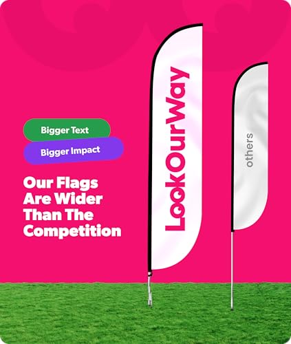 Image of LookOurWay Feather Flag Pole Kit - 12 Feet Tall Advertising Flag Banner with Fiberglass Pole Kit and Ground Spike for Business Promotion - Grand Opening Flags - Now Open Red & Yellow (10M1200030)
