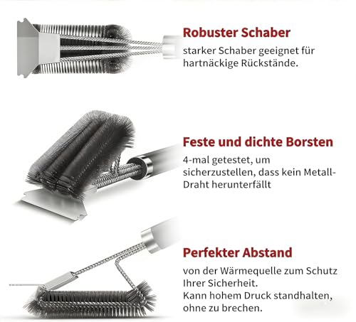 Grillbürste Für Gussrost Edelstahl, Grill Bürste Grill Zubehör Dichte Edelstahlborsten für Gasgrill, Holzkohlegrill, Kugelgrill