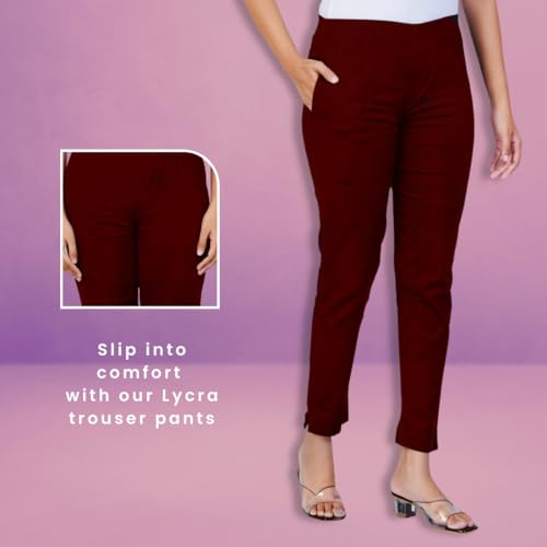 Image of Happy Bunny Cotton Blend Lycra Kurti Pants for Women, Soft 30% Stretch Full Length Trousers with Elastic Waist & Zip Pocket, Ideal for Office, Work, Casual, Home Wear Breathable Slim Fit