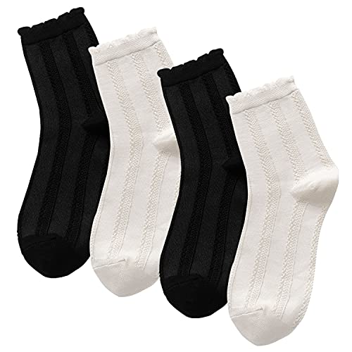 zrylibya Women's 4 Pairs Crochet Textured Ankle Socks Scalloped Pointelle Solid Color Basic Casual Crew Sock Size 5-9