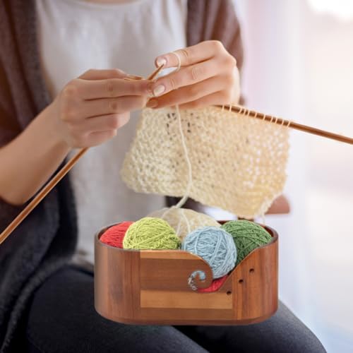 Image of DIY Yarn Bowl Set, with Crochet Hook and Sew Needles Wooden Yarn Bowls for Knitting and Crochet, Large Crochet Yarn Holder Bowl(Brown)