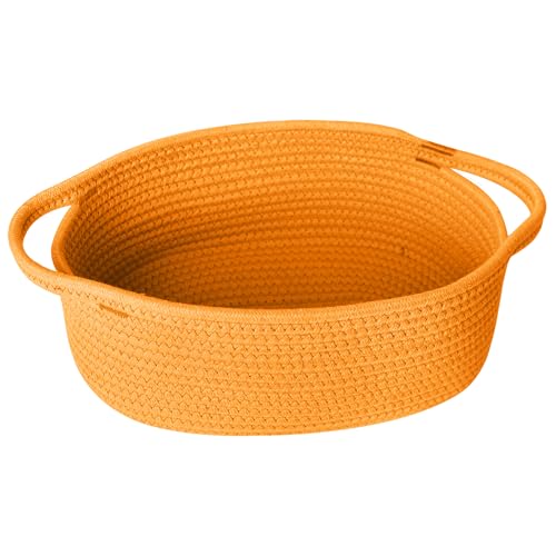 Image of Small Orange Woven Gift Basket, Baskets for Gifts Empty, Cotton Rope Cat Dog Toy Bin Box, Baby Nursery Organizer, Easter Basket with Handle, Shelf Storage Bin, Orange Room Decor, 12 inchx 8 inchx 5 inch