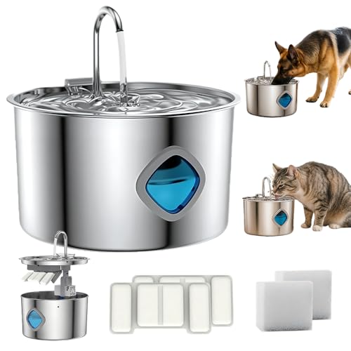 3.2L Stainless Steel Dog Water Fountain, 2025 Upgraded Cat Water Fountain, Super Quiet Smart Pet Filtered Water Fountains, with Visual Water Level, for Dog Cat (Water Fountain, 3.2L/112oz)