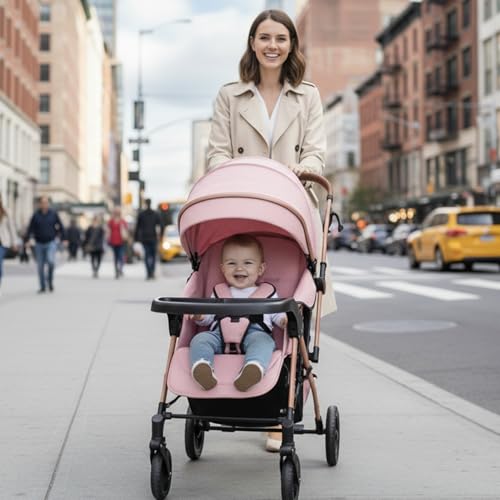 Image of Safe-O-Kid Breez Baby Rubber Wheel Stroller /Pram with 1 Year Warranty (Model - 2024) for New Born /Toddler /Kid for 0 to 3 Years Travel Friendly, 5 Point Safety Harness - Pink