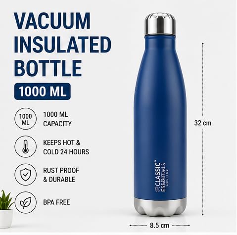 Image of CLASSIC ESSENTIALS Insulated Double Wall Vacuum Stainless Steel Water Bottle 24 Hours Hot and Cold,BIS Approved,100% Leakproof Lid,Sweat Proof Water Bottles, Great for Travel Picnic (Blue,1000ml)