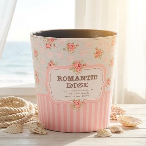 Image of PU Leather Small Trash Can Wastebasket, Round Garbage Container Basket for Bathrooms, Laundry Room, Kitchens, Offices, Kids Rooms, Bedrooms,Home Decorative Art Bin, 2.9 Gallon (Romantic Rose)