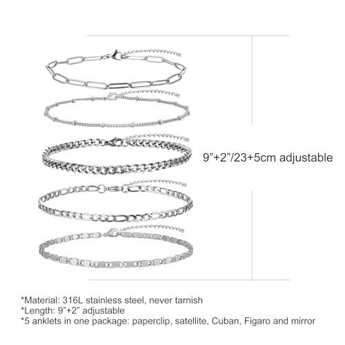 Gold Anklet for Women Men, 14K White Gold Plated Stainless Steel Anklets Set for Women, Waterproof Cuban Figaro Rope Paperclip Beaded Snake Mariner Chain Ankle Bracelet2