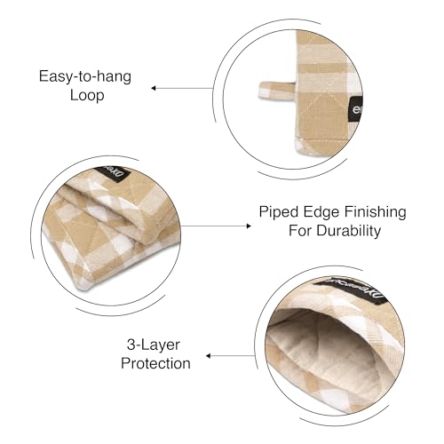 Image of Encasa XO Oven Gloves for Microwave (2 pc Set) - Heat Proof, Thick & Safe | Longer 18x30 cm Mittens for Protection in Kitchen Cooking & Baking - Franca Beige Checks