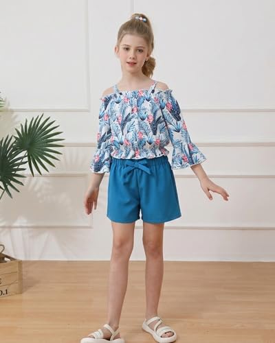 Image of Weebaby Girls Clothes 2 Piece Outfits Cute Kid Clothes Crop Top Paperbag Waist Shorts Set Summer Clothes for Tween Girls