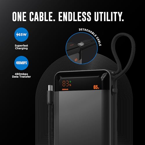 Image of URBN 20000 mAh 65W Ultra Volt Power Bank | Dual Output | PD + QC Compatible | LED Display | Two-Way Fast Charge | Pass-Through Charging | for MacBook Air, iPhone, Samsung, Android & More (Grey)