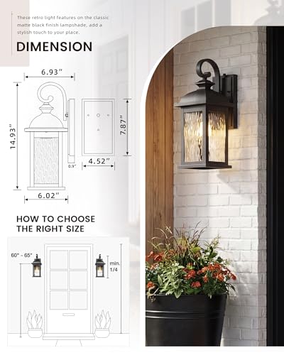 Image of FEMILA Dusk to Dawn Exterior Wall Sconce, 15 inch Front Porch Light Fixtures Wall Mount for Patio, Garage, Garden, UL Listed, Matte Black Water Ripple Glass, 4FD54B-PC BK-WP