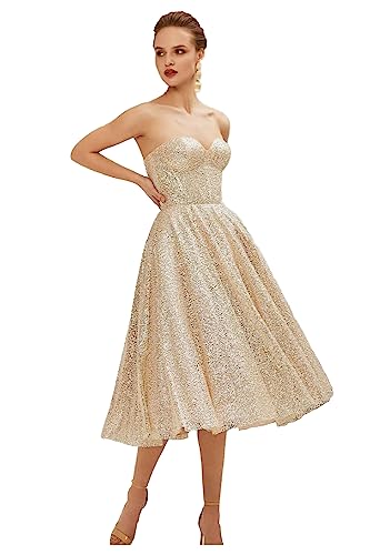 Women's Sweetheart Neck Tea Length Homecoming Dresses for Teens Summer Open Back Shiny Sequin Cocktail Dress