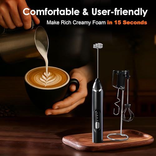Image of Milk Frother Handheld with stand,Rechargeable Coffee Frother Wand with 3 Detachable Stainless Steel Whisk Heads, Hand Electric Mixer for Latte,Matcha,Cappuccino,Protein (Black)