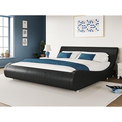 WEEWAY Modern Queen Size Upholstered Platform Bed Frame, Faux Leather Sleigh Bed with Adjustable Headboard, Strong Wood Slats Support, No Box Spring Needed, Black Cover