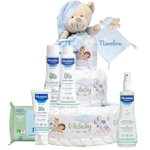 Mababyshop Tarta Pañales Personalizada Mis Primeros Cuidados con Doudou Osito Bordado con Nombre, 42 Pañales Pingo Talla 2, Set de Aseo Bebé, Regalo Baby Shower (Azul)