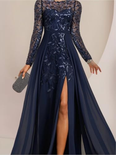 OFEYCHUN Long Sleeve Mother of The Bride Dresses Chiffon Sequin Wedding Guest Dress with Slit Lace Empire Waist Formal Dress4