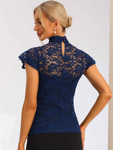 Allegra K Women's Elegant Floral Lace Blouse Short Sleeve Keyhole Back Fitted Semi Sheer Top4