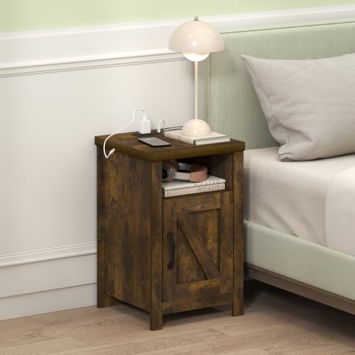 Furinno Farmhouse Nightstand with Charging Station, Bedside Table, Side Table, End Table with Door, USB Ports and Outlets, for Bedroom, Closet, Dorm, Amber Pine - image 2