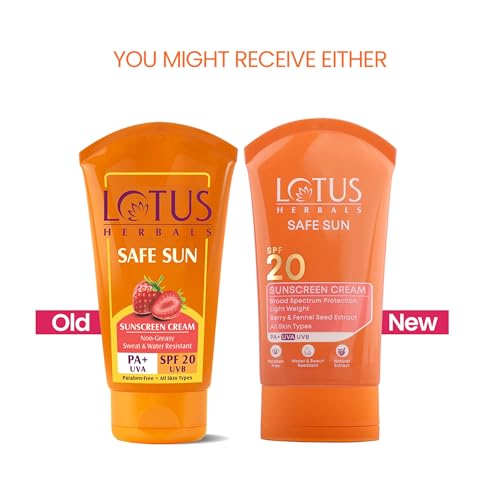 Image of Lotus Herbals Safe Sun Sunscreen Cream - Breezy Berry | SPF 20 | PA+ | Sweat & Waterproof | Non-Greasy | 50g