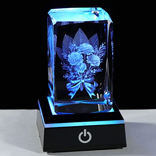 Movdyka Crystal Etched 3D Carnation Bouquet Figurine Collectible Gifts for Women Glass Cube Engraved with Carnations Keepsake with LED Lamp Presents Ideas for Mum Daughter Her