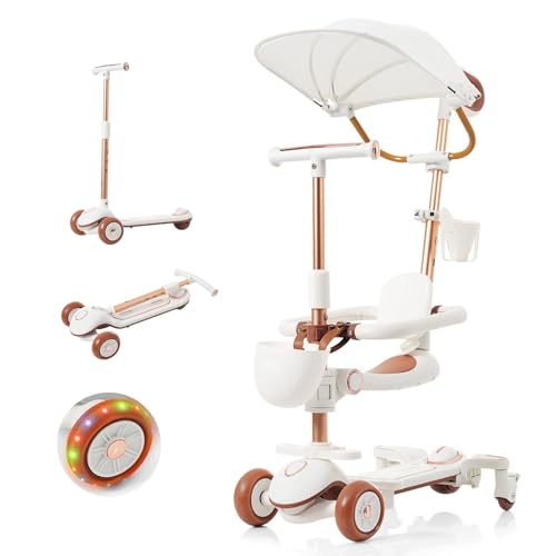 SOFTSEA キックボード キックスクーター 子供 5way三輪車 光る 後輪ブレーキ 1歳〜10歳 4段高さ調整 軽量 折りたたみ 収納付き サンシェード 可愛い 誕生日 プレゼント (ベージュ)